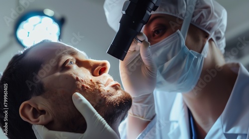 A dermatologist examines the skin of a male patient's face using a dermatoscope in a clinical setting.