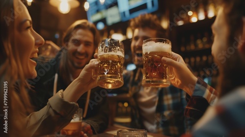Group of joyful friends toasting with beer mugs in a cozy bar, celebrating and laughing together.