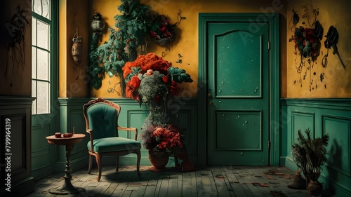 A room with a green door and a green door that says pom