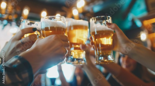 Close-up shot of multiple hands clinking beer glasses together in a vibrant bar setting.