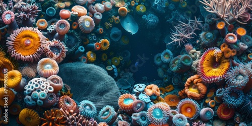 Zoomed-in view of a coral reef, high-magnification with intricate structures