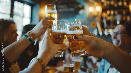 Friends cheers with beer glasses in a cozy bar setting, celebrating together.