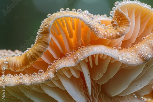 Extreme close-up of a mushroom's gills, high-magnification, detailed textures