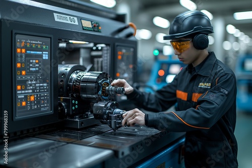 Technician precisely calibrates CNC machine in factory