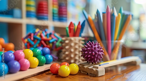 Special education tools on a desk, close-up of tactile learning materials designed for all students
