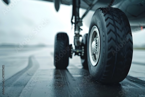 A closeup of a tire on a passenger jet plane on a runway. Concept Airplane Tires, Closeup Shot, Airport Runway, Passenger Jet, Aviation Industry