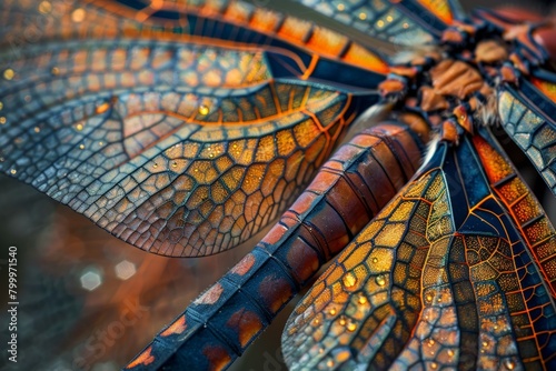Extreme close-up of a dragonfly's wing, high-magnification with intricate structures