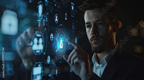 Businessman Touching Digital Padlock Icon for Data Protection on Virtual Screen Background