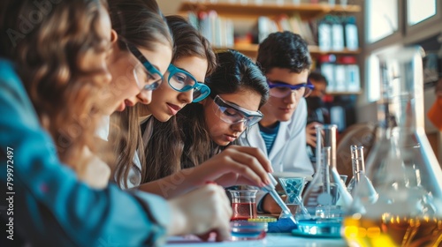 Focused students conducting experiments in a high school chemistry lab, wearing lab coats and safety glasses.