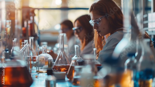 Focused female scientist examining a chemical sample in a busy laboratory setting surrounded by equipment.