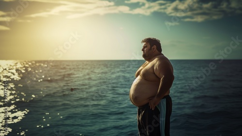 Overweight man stands contemplatively facing the ocean at sunset, with a reflective mood.