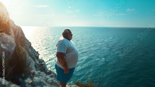 Fat man standing on a rocky cliff, gazing at the sea on a bright sunny day.