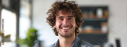 smiling handsome man with curly hair in an office, white blurred background