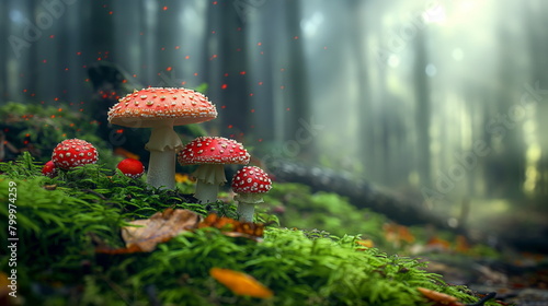 Magic mushrooms fly agaric in the forest, a fabulous thicket of the forest. Glowing mushrooms fantasy moss