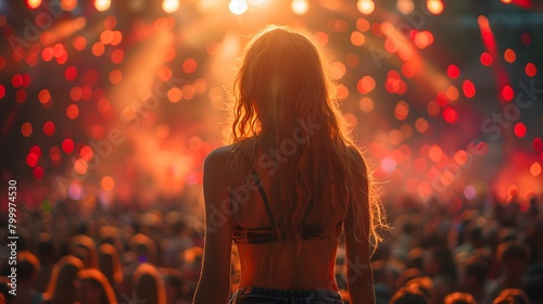 the magic of a summer music festival with this breathtakingly realistic photograph, where the warmth of the sun meets the euphoria of the crowd, and a party girl basks in the glow of the moment