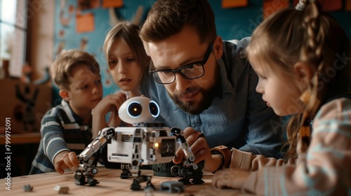 Engaged male mentor with spectacles, teaching robotics to three eager children around a table