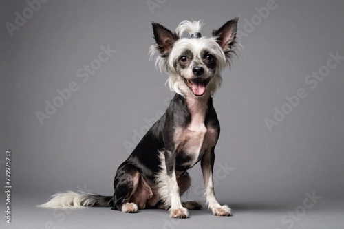 sit Chinese Crested dog with open mouth looking at camera, copy space. Studio shot.