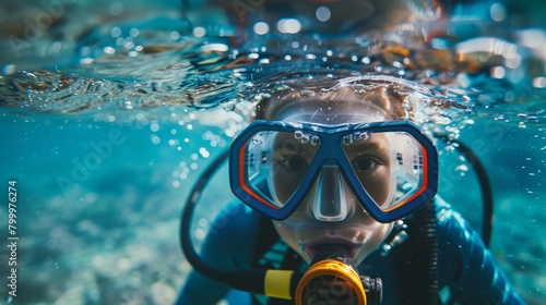 Close-up of a person snorkeling underwater with a blue and orange mask and yellow snorkel.