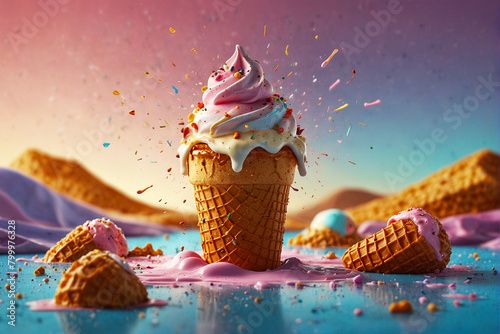 photo of ice cream with various flavors, ice cream concept with explosions and toppings isolated on a pink background