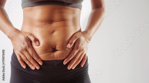 Close-up view of a woman's torso showcasing her abdominal muscles and skin texture.