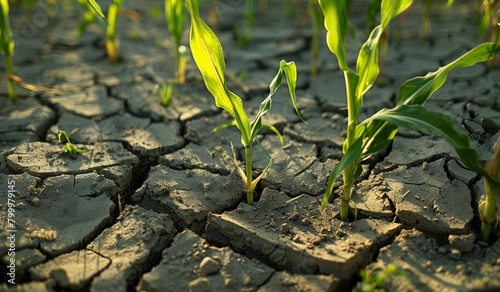 Broken soil with dry corn plants growing in it, showing the effects of heat on water scientists and agricultural vegetation