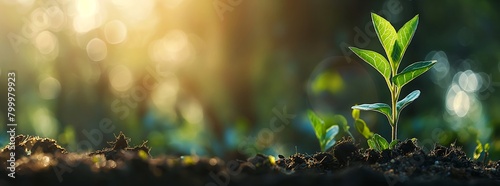 Young plant sprout grows in the soil with morning sunlight on a natural background banner design for environment and ecology concepts, representing organic life or a new beginning idea.