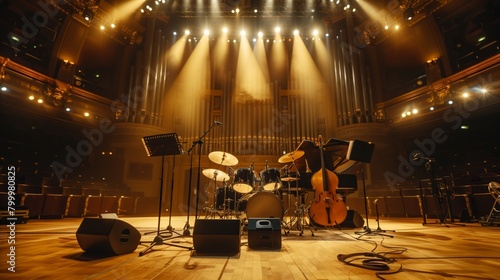 Stage setup for a concert in an elegant auditorium with musical instruments under spotlights.