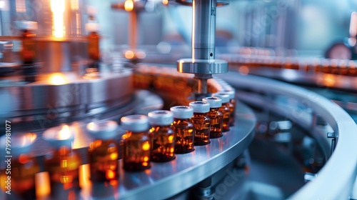 Modern pharmaceutical factory production line: close-up of medical ampoules manufacturing process. Industrial science concept