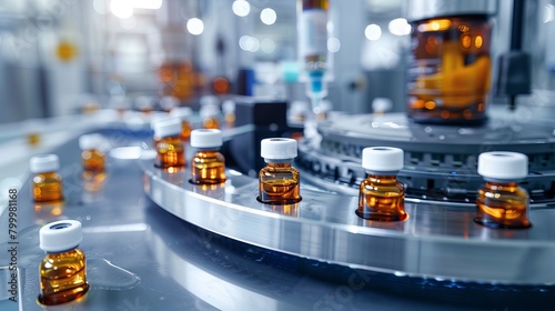 Modern pharmaceutical factory production line: close-up of medical ampoules manufacturing process. Industrial science concept