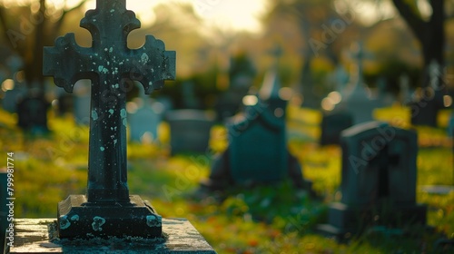 Sunlit cemetery scene featuring a moss-covered cross headstone in focus, with blurred background.