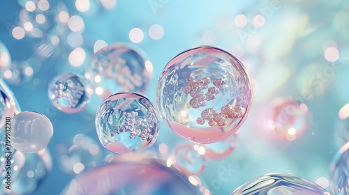 Vibrant 3d rendering: cosmetic essence and molecule encased in liquid bubble on water background - beauty concept illustration