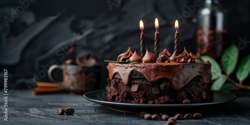 A decadent chocolate cake with lit candles and melting chocolate topping on a dark table.