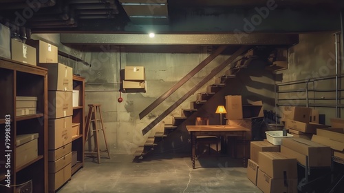 Dimly lit basement interior featuring numerous cardboard boxes, a wooden staircase, and a desk with a lamp.