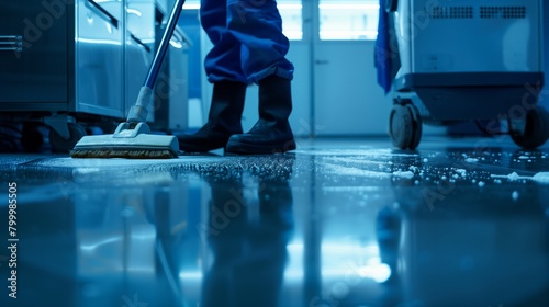 A janitor mopping a shiny, wet floor in a hospital hallway with professional cleaning equipment.