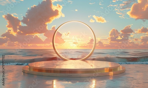 Empty product podium with golden spiral brushed metal elegant set against a sunset beach scene, Generative AI