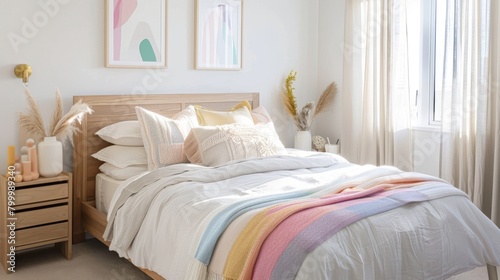Bright and cozy bedroom interior with colorful bedspread and modern decor