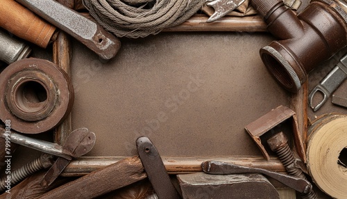 A muted-colored background with tools and instruments, hammer, metal details, tool kit, and a space for text. 