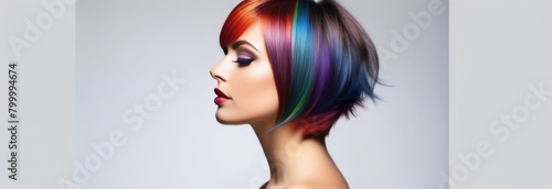 Portrait of a young beautiful woman with medium length hair dyed in rainbow colors on a white background with space for text