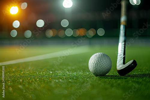 Field hockey equipment, including stick and ball, positioned on grass in a well-illuminated outdoor arena, with emphasis on the foreground and shallow depth of field applied to the background