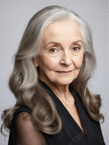elderly beautiful woman on black dress with long hair on plain white background close-up portrait from Generative AI