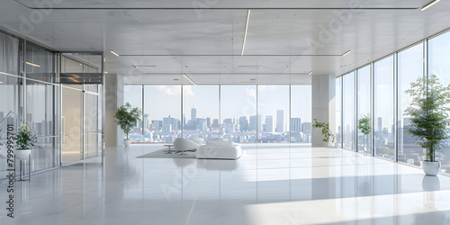  Modern interior office building empty space with big glass window skyline view , Interior Of Modern Empty Office Building open White Ceiling Design for white interior concept decoration background 
