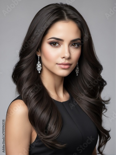 hispanic beautiful woman on black dress with long hair on plain white background close-up portrait from Generative AI