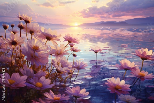 A beautiful lakeside scene with pink flowers in the foreground, and a sunset over the lake in the background.