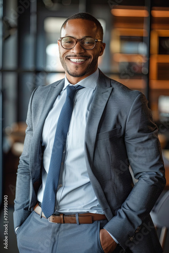 Confident businessman standing tall with a smile, captured in a portrait