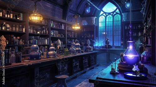Enchanting 3d rendering of potion bottle in laboratory room with mystical ambiance - magical alchemy concept for design projects