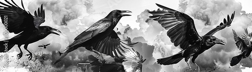 A flock of crows takes to the sky, their raucous calls filling the air as they glide gracefully overhead 8K , high-resolution, ultra HD,up32K HD