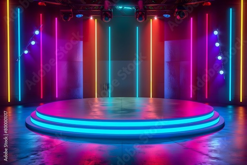 Colorful neon lights illuminate a modern game show stage with no audience. Concept Game Show Stage, Neon Lights, Modern Design, Audience-less, Colorful Illumination
