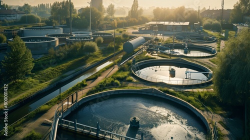 An aerial shot of a wastewater treatment facility at sunrise with multiple treatment tanks.
