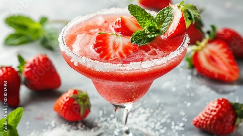 Strawberry margarita served in a salt-rimmed glass with a wedge of fresh strawberry and a sprig of mint for garnish.