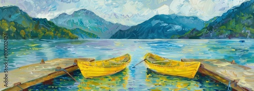 The background has a pier, mountains, and two yellow rowing boats on the lake.